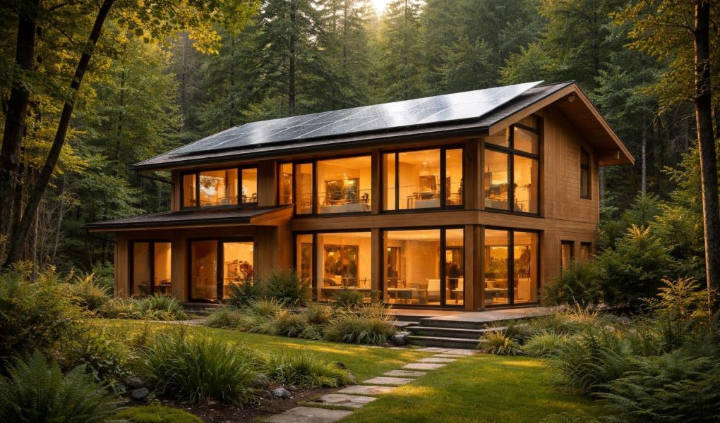 maison-bois-foret-panneaux-solaires