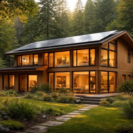maison-bois-foret-panneaux-solaires
