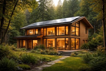 maison-bois-foret-panneaux-solaires