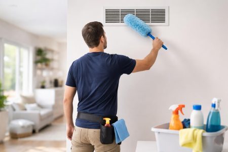 homme-nettoyage-grille-maison-moderne